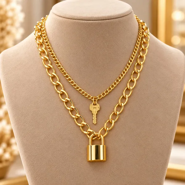Golden_Double_Layer_Chain_Necklace_with_Key_&_Lock_Pendants