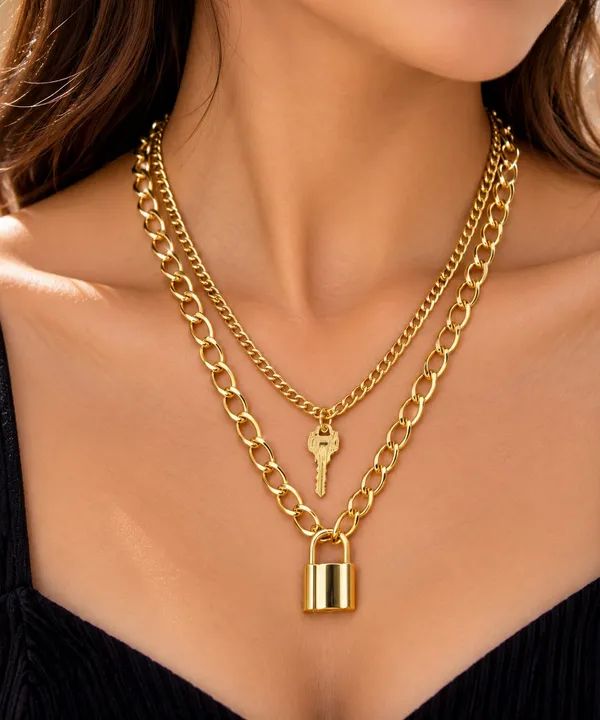 Golden_Double_Layer_Chain_Necklace_with_Key_&_Lock_Pendants