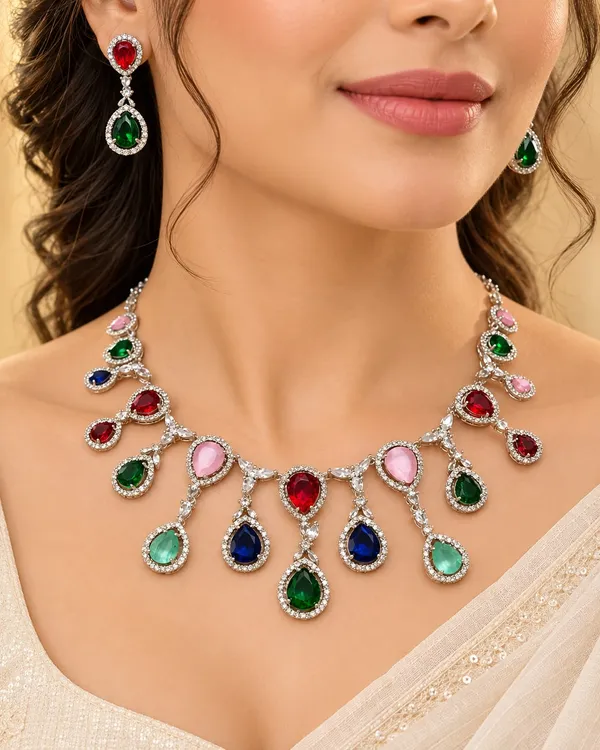 Silver-Tone_Multicolor_Stone_Necklace_Set_with_Matching_Earrings