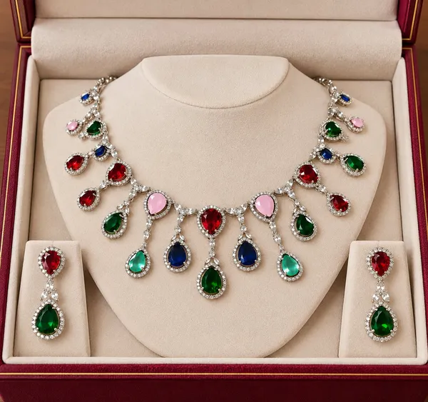 Silver-Tone_Multicolor_Stone_Necklace_Set_with_Matching_Earrings