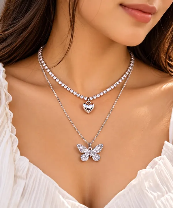 silver-Tone_Double_Layer_Heart_7_Butterfly_Pendant_necklace