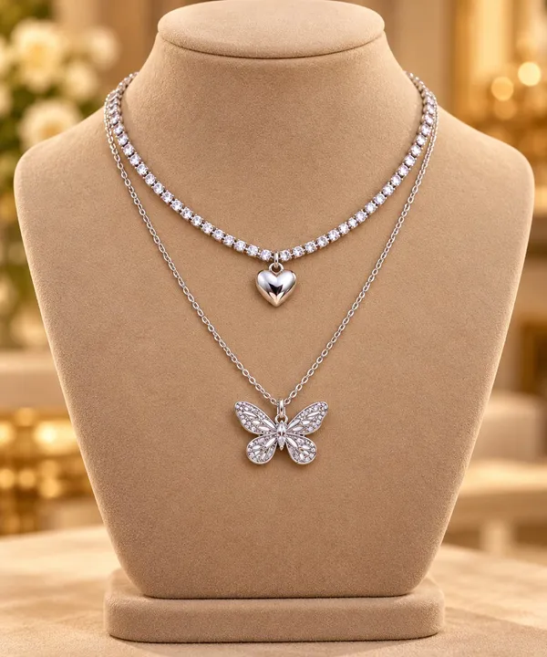 silver-Tone_Double_Layer_Heart_7_Butterfly_Pendant_necklace