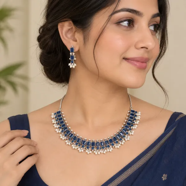 Silver_Blue_Alloy_Stone_Beaded_Necklace_And_Earrings_Set_For_Women