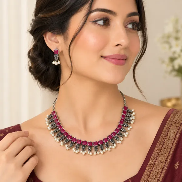 Silver_Maroon_Alloy_Stone_Pearl_Choker_Necklace_Set_For_Women