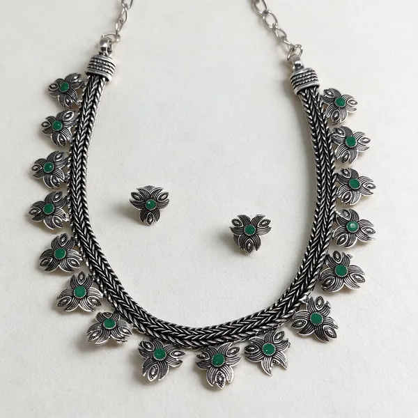 Silver_Green_Stone_Floral_Double_Strand_Necklace_Set_For_Women