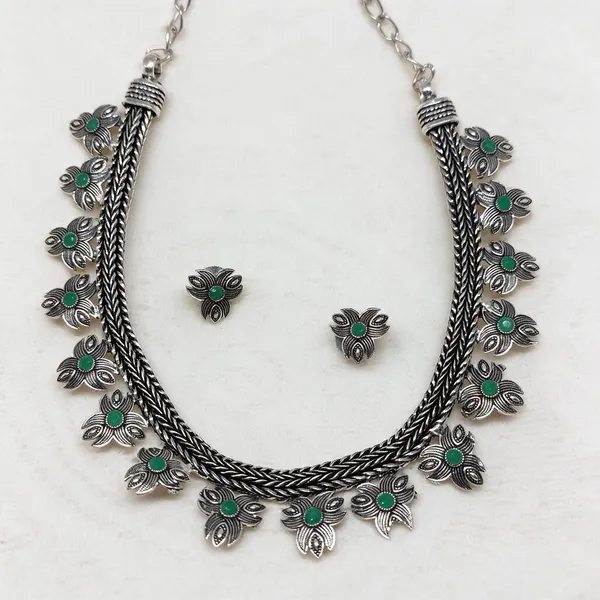 Silver_Green_Stone_Floral_Double_Strand_Necklace_Set_For_Women