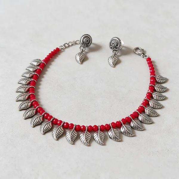 Red_Beaded_Silver_Tone_Leaf_Charm_Necklace_And_Earrings_Set_For_Women
