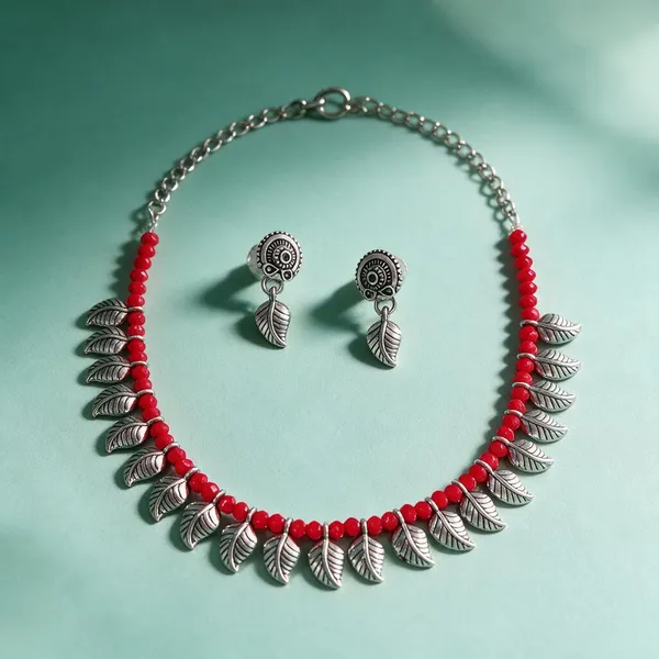 Red_Beaded_Silver_Tone_Leaf_Charm_Necklace_And_Earrings_Set_For_Women