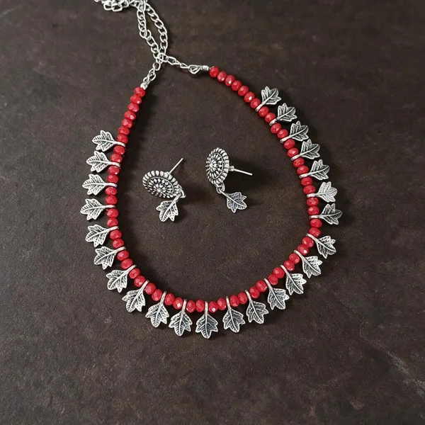 Red_Alloy_Silver_Tone_Leaf_Design_Necklace_And_Earrings_Set_For_Women