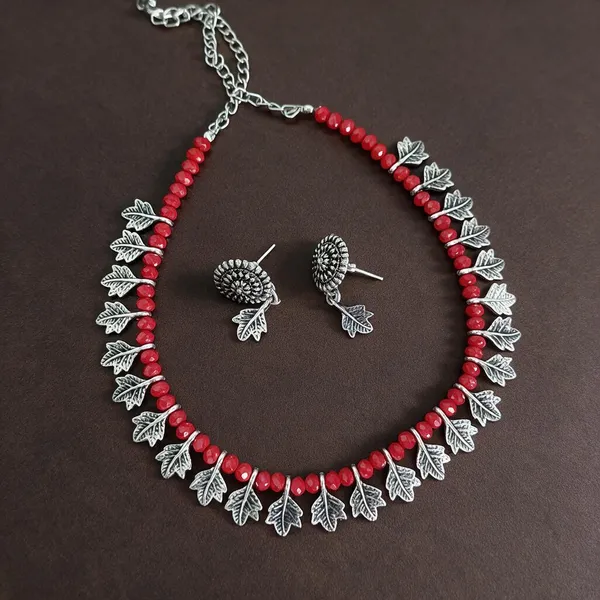 Red_Alloy_Silver_Tone_Leaf_Design_Necklace_And_Earrings_Set_For_Women