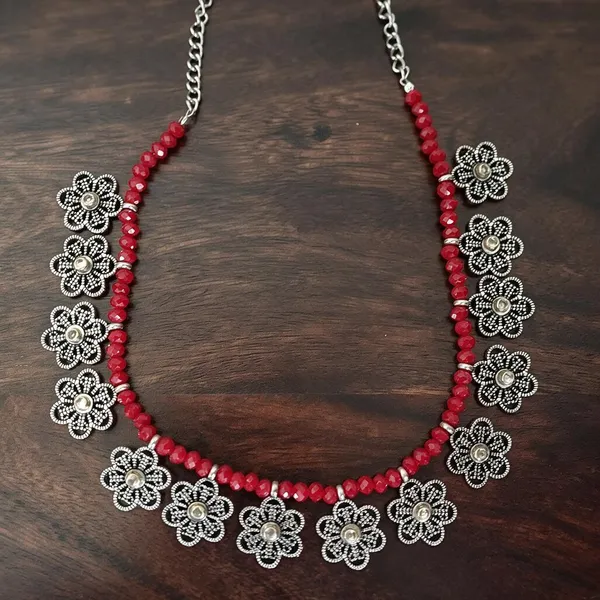 Red_Silver_Alloy_Beaded_Floral_Pendant_Necklace_Set_For_Women