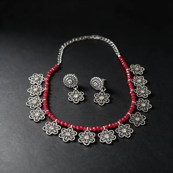 Red_Silver_Alloy_Beaded_Floral_Pendant_Necklace_Set_For_Women