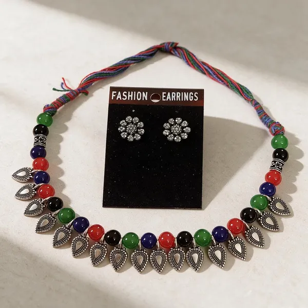 Multicolor_Alloy_Beaded_Leaf_Pendant_Necklace_And_Earrings_Set_For_Women