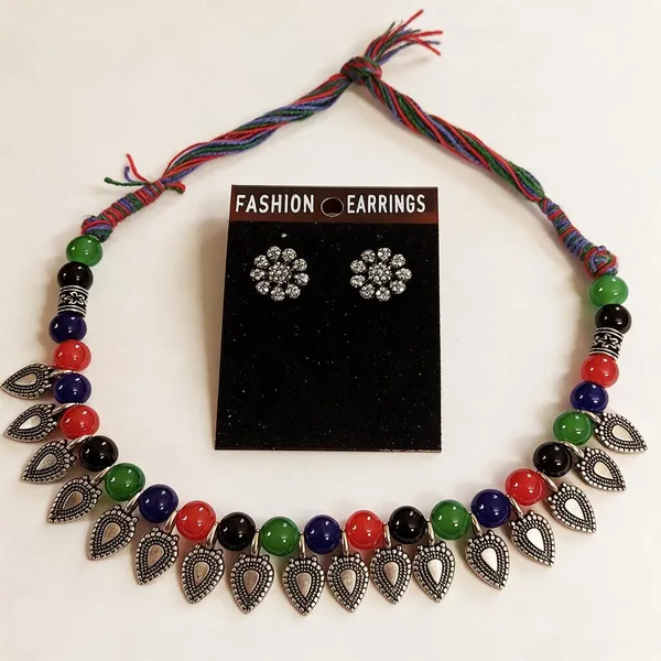 Multicolor_Alloy_Beaded_Leaf_Pendant_Necklace_And_Earrings_Set_For_Women