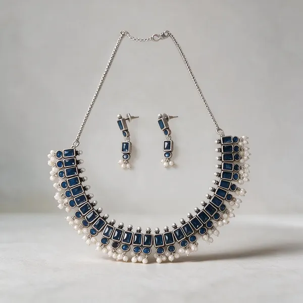 Silver_Blue_Alloy_Stone_Beaded_Necklace_And_Earrings_Set_For_Women