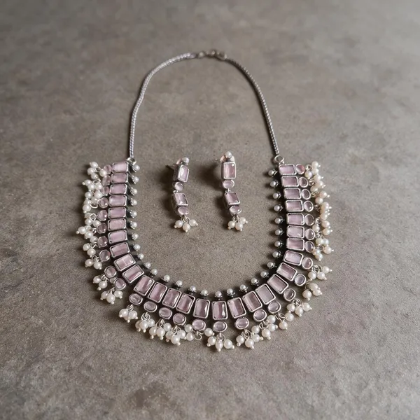 Silver_Pink_Alloy_Stone_Layered_Necklace_Set_For_Women