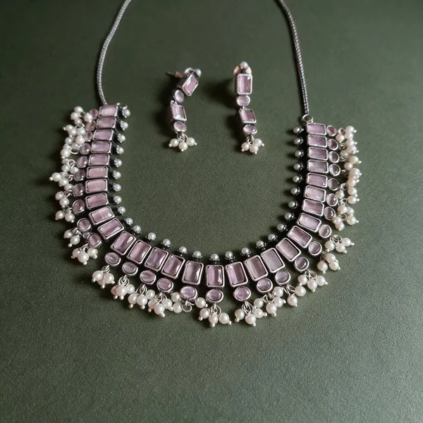 Silver_Pink_Alloy_Stone_Layered_Necklace_Set_For_Women