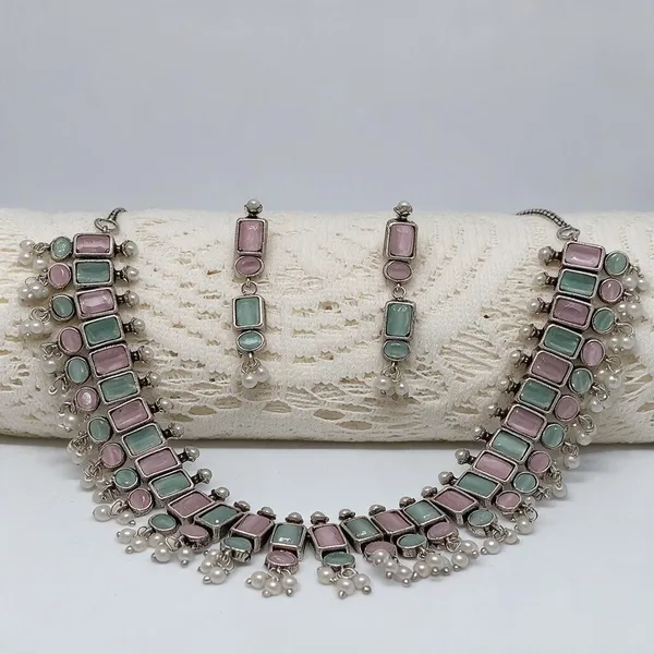 Pastel_Alloy_Silver_Tone_Lavender_Mint_Beaded_Necklace_Set_For_Women