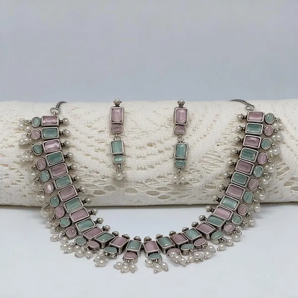 Pastel_Alloy_Silver_Tone_Lavender_Mint_Beaded_Necklace_Set_For_Women