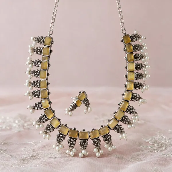Silver_Alloy_Yellow_Stone_Floral_Necklace_Set_With_Earrings_For_Women