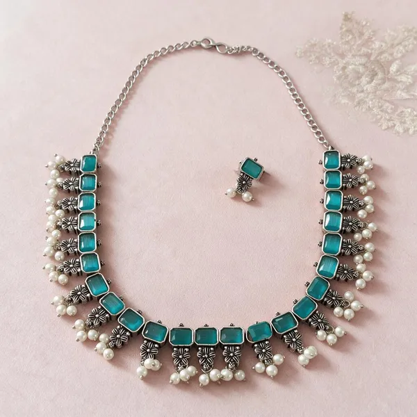 Silver_Turquoise_Alloy_Stone_Floral_Necklace_Set_For_Women