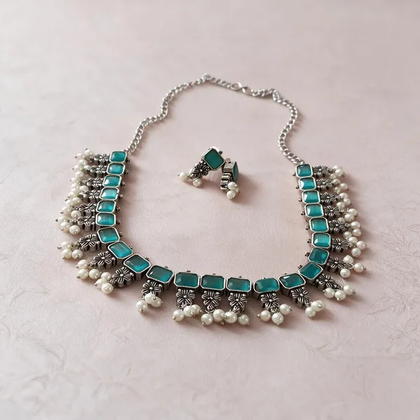 Silver_Turquoise_Alloy_Stone_Floral_Necklace_Set_For_Women