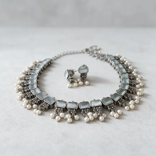 Silver_Blue_Alloy_Stone_Pearl_Choker_Necklace_Set_For_Women