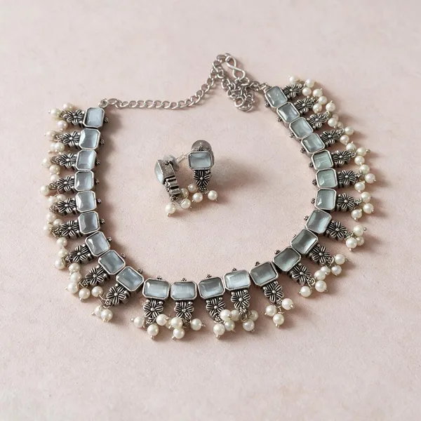 Silver_Blue_Alloy_Stone_Pearl_Choker_Necklace_Set_For_Women
