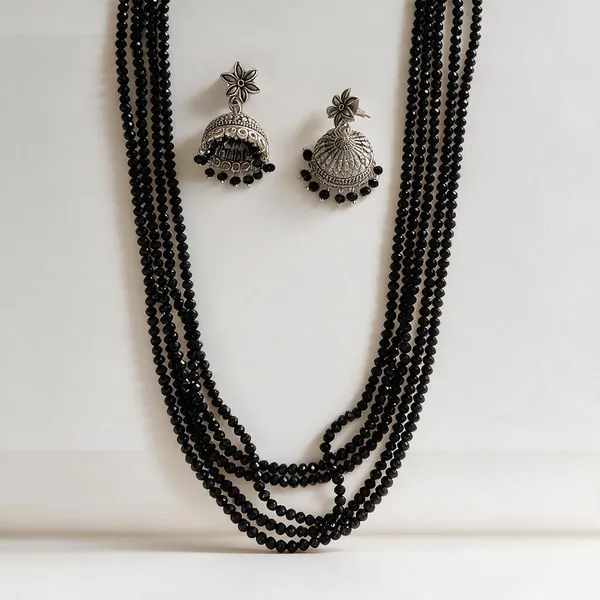 Black_Beaded_Silver_Tone_Layered_Necklace_Set_For_Women
