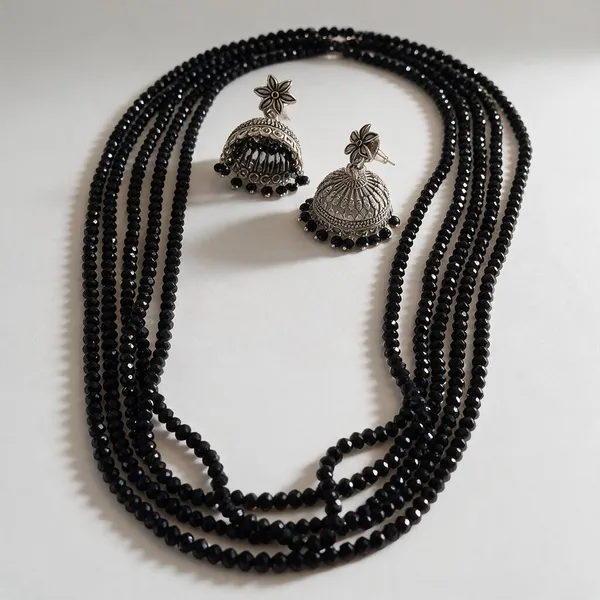 Black_Beaded_Silver_Tone_Layered_Necklace_Set_For_Women