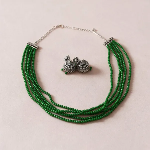 Green_Beaded_Oxidized_Silver_Jhumka_Necklace_Set_For_Women