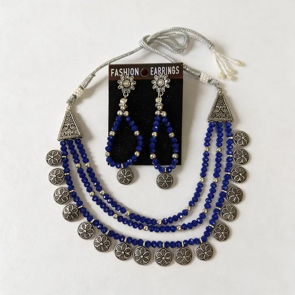 Blue_Silver_Alloy_Oxidised_Floral_Beaded_Necklace_And_Earrings_Set_For_Women