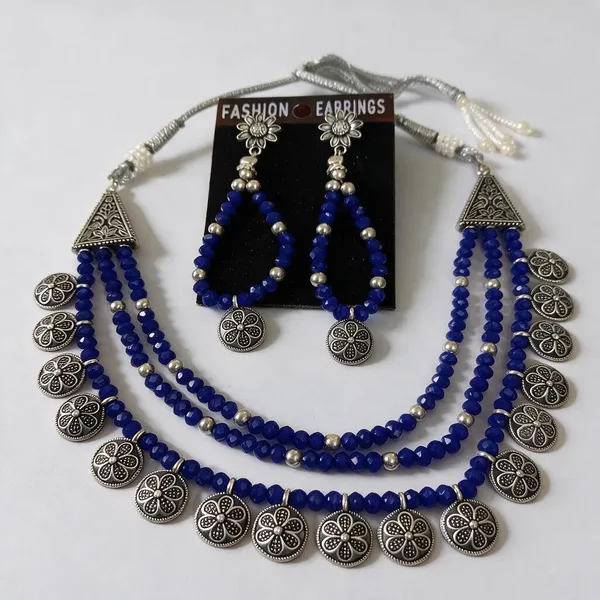 Blue_Silver_Alloy_Oxidised_Floral_Beaded_Necklace_And_Earrings_Set_For_Women
