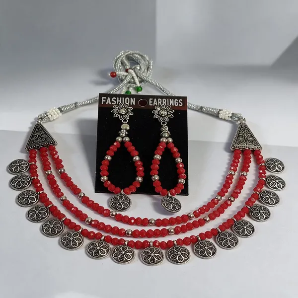 Red_Beaded_Silver_Tone_Layered_Necklace_And_Earrings_Set_For_Women