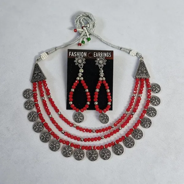 Red_Beaded_Silver_Tone_Layered_Necklace_And_Earrings_Set_For_Women