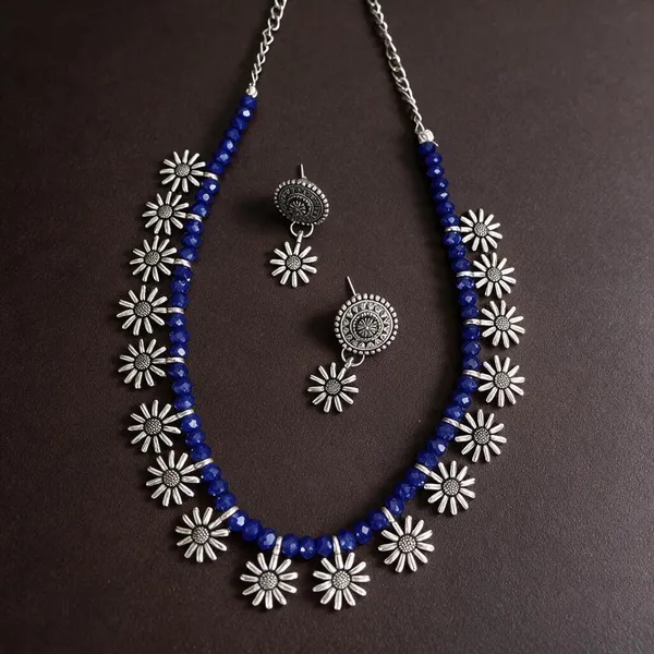 Blue_Beaded_Silver_Tone_Floral_Motif_Necklace_Set_For_Women