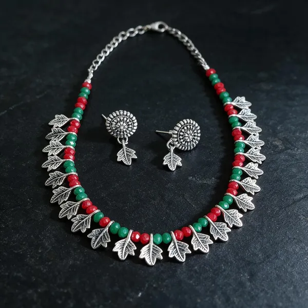 Multicolor_Alloy_Silver_Tone_Leaf_Necklace_And_Earrings_Set_For_Women