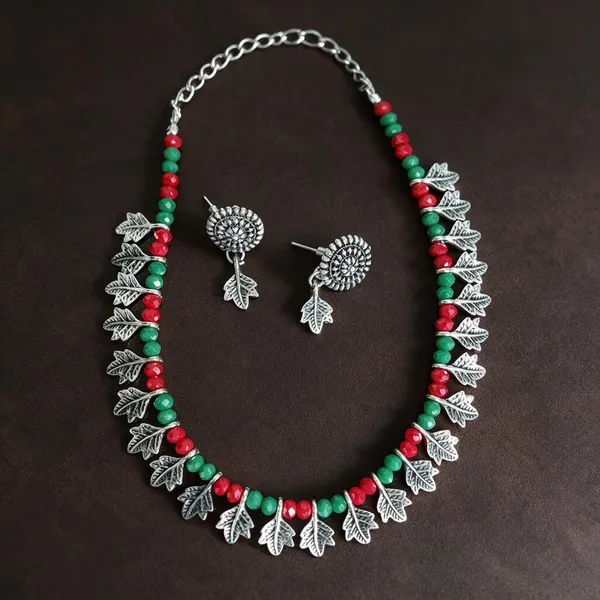 Multicolor_Alloy_Silver_Tone_Leaf_Necklace_And_Earrings_Set_For_Women