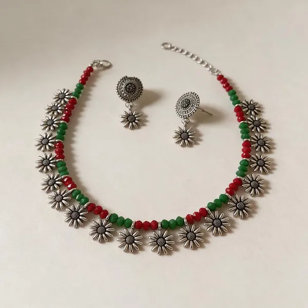 Silver_Oxidized_Floral_Beaded_Necklace_Set_For_Women
