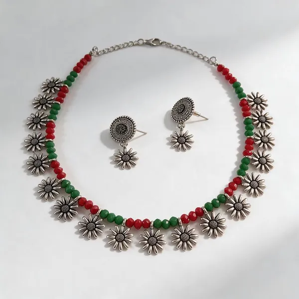 Silver_Oxidized_Floral_Beaded_Necklace_Set_For_Women