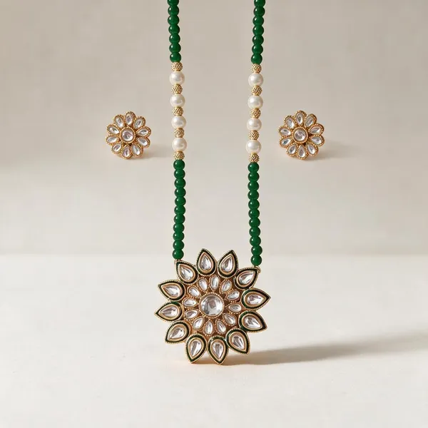 Green_Beaded_Alloy_Floral_Necklace_And_Earrings_Set_For_Women