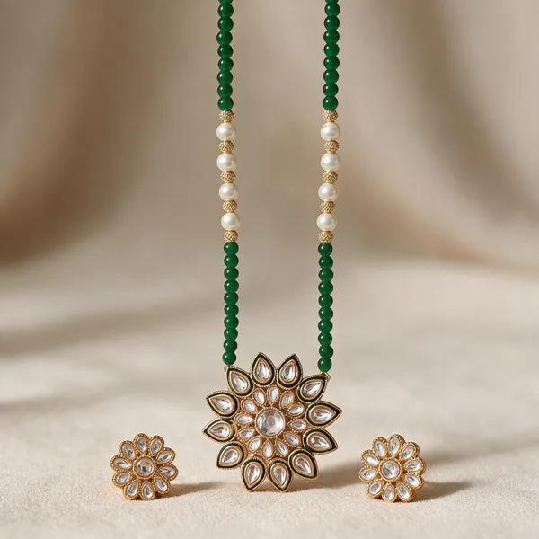 Green_Beaded_Alloy_Floral_Necklace_And_Earrings_Set_For_Women
