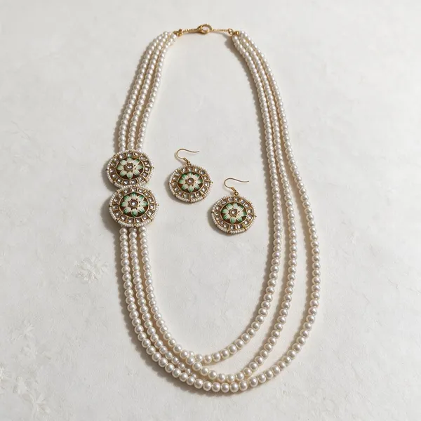 White_Pearl_Green_Enamel_Alloy_Layered_Necklace_Set_For_Women