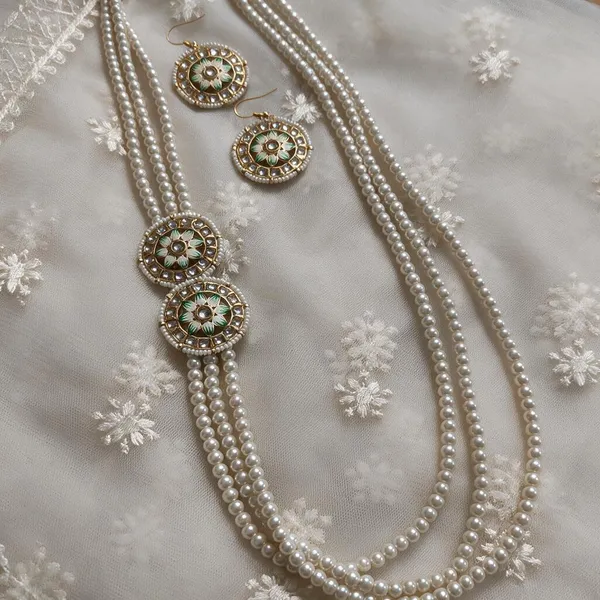 White_Pearl_Green_Enamel_Alloy_Layered_Necklace_Set_For_Women