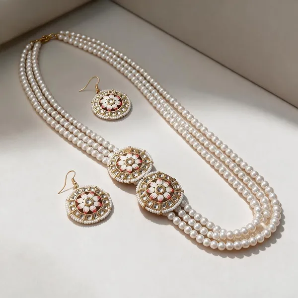 White_Pearl_Alloy_Traditional_Necklace_And_Earrings_Set_For_Women