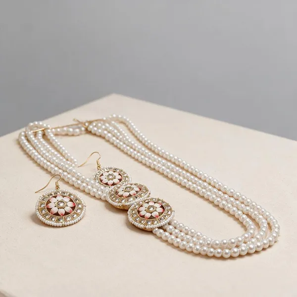White_Pearl_Alloy_Traditional_Necklace_And_Earrings_Set_For_Women