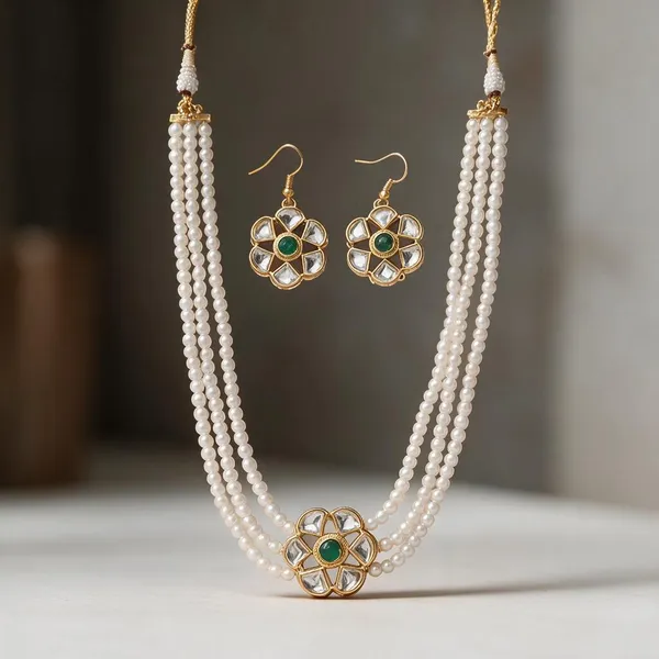 White_Pearl_Alloy_Floral_Necklace_And_Earrings_Set_For_Women