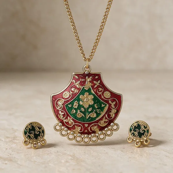 Gold_Red_Green_Alloy_Floral_Pendant_Necklace_Set_For_Women