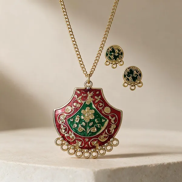 Gold_Red_Green_Alloy_Floral_Pendant_Necklace_Set_For_Women