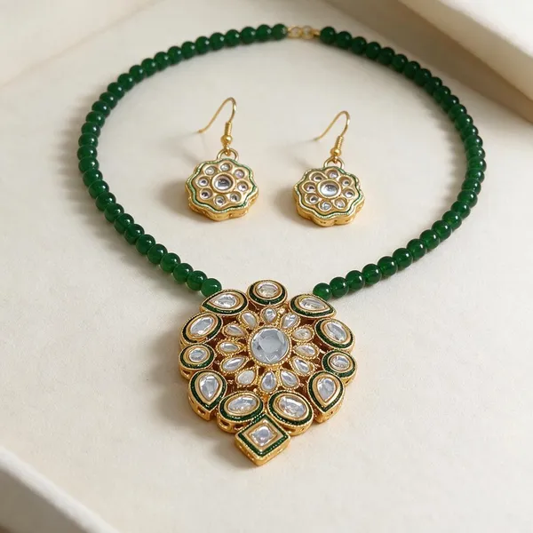 Green_Beaded_Gold_Tone_Floral_Pendant_Necklace_Set_For_Women